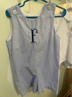 Personalized Light Blue Gingham Toddler One-Piece with Navy Monogram